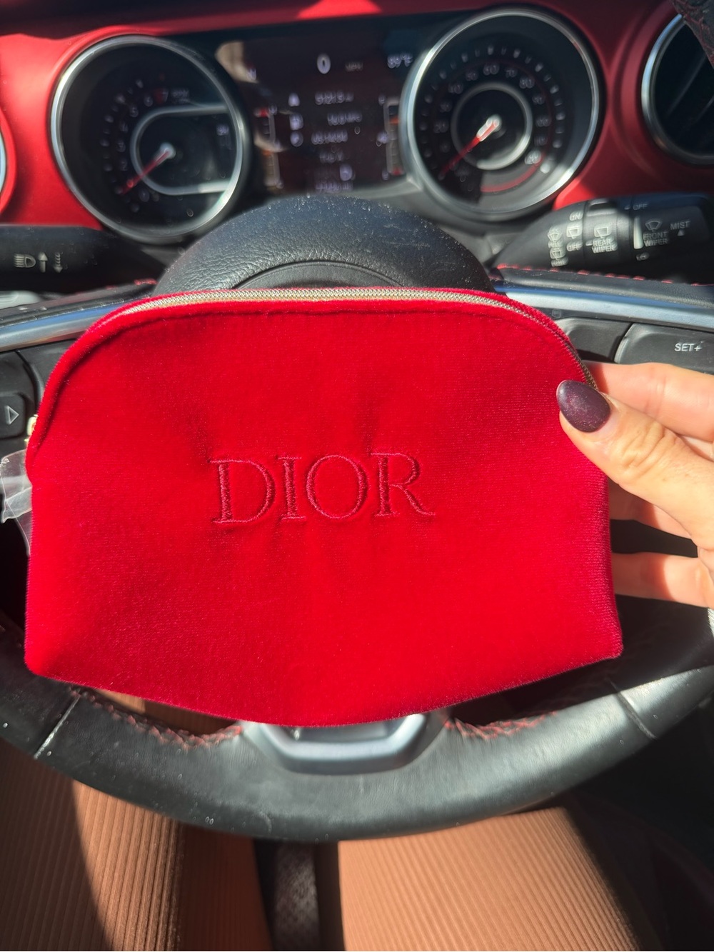 Dior Red Velvet Cosmetic Pouch with Embroidered Logo